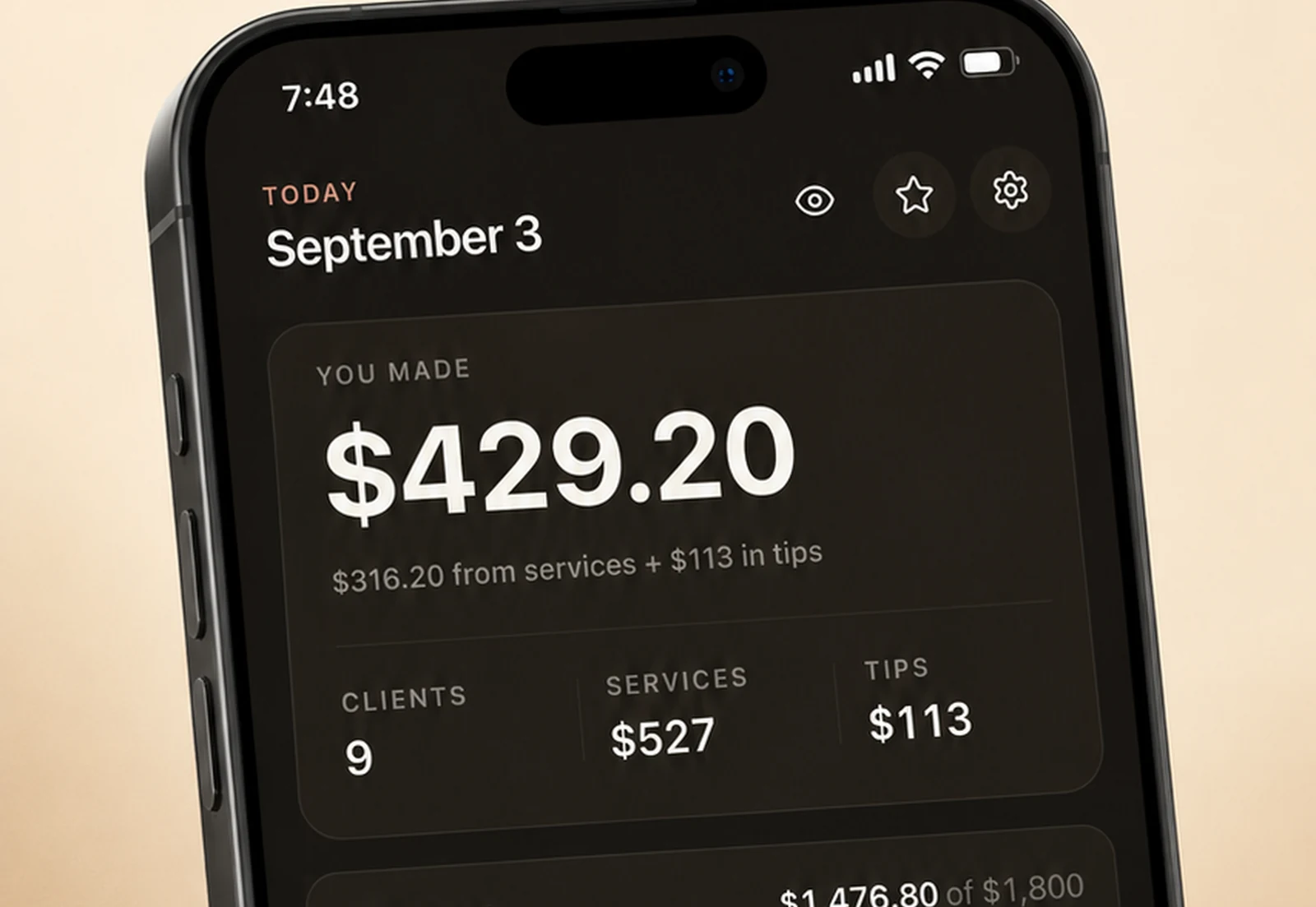 Bella Flow iPhone app showing the Today screen: $429.20 made, clients, services and tips.